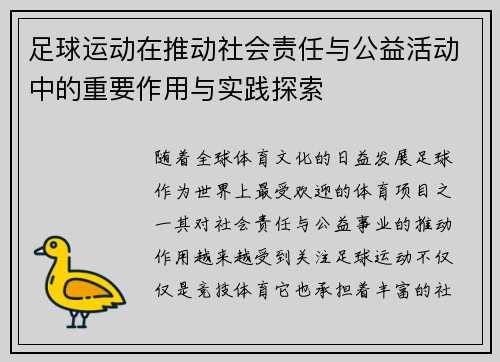 足球运动在推动社会责任与公益活动中的重要作用与实践探索